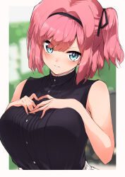 Rule 34 | 1girl, absurdres, armpit crease, blue eyes, blurry, blurry background, blush, breasts, buttons, framed, hair between eyes, hair ribbon, hairband, hands on breasts, highres, kootee-on, large breasts, looking at viewer, mochizuki momiji, new game!, pink hair, ribbon, short hair, side ponytail, sleeveless, solo, upper body