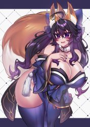 Rule 34 | 1girl, :d, absurdres, animal ear fluff, animal ears, antenna hair, bare shoulders, bow, breasts, choker, cleavage, collarbone, cosplay, detached sleeves, fate (series), feet out of frame, fluffy, fox ears, fox girl, fox tail, hair between eyes, hair ornament, hair ribbon, hand on own chest, highres, japanese clothes, kimono, knees out of frame, large breasts, merryweather, nail polish, nyarla (osiimi), open mouth, osiimi, purple eyes, purple hair, purple nails, ribbon, sharp teeth, sidelocks, smile, solo, standing, tail, tamamo (fate), tamamo cat (fate), tamamo no mae (fate/extra), tamamo no mae (fate/extra) (cosplay), teeth, thighhighs, twintails