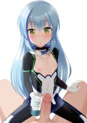 Rule 34 | 1boy, 1girl, blue hair, blush, breasts, can, clothed female nude male, commentary, drink, english commentary, erection, gloves, green eyes, hand on another&#039;s knee, highres, highspeed etoile, holding, holding can, holding drink, jumpsuit, komachi towa, long hair, looking at viewer, nipples, nude, open mouth, penis, pestil, pov, racing suit, skin tight, small breasts, straddling, white background, white gloves