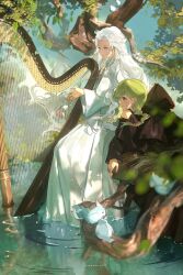 Rule 34 | 2girls, artist name, bird, black capelet, black robe, blue eyes, blue sky, blurry, braid, brown eyes, capelet, day, depth of field, elbow rest, final fantasy, final fantasy xiv, floating hair, from side, full body, glint, green hair, half updo, harp, highres, hood, hood down, hooded capelet, instrument, leaf, long hair, long sleeves, low twin braids, mask, mask around neck, unworn mask, medium hair, multiple girls, music, outdoors, playing instrument, reflection, reflective water, ripples, robe, scenery, sideways mouth, single braid, sitting, sky, smile, soaking feet, toto (caaaaarrot), tree, twin braids, venat (ff14), warrior of light (ff14), water, wavy hair, white capelet, white hair, white robe, wide sleeves
