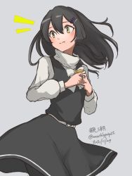Rule 34 | 1girl, ^^^, absurdres, alternate costume, black dress, black hair, character name, cowboy shot, dated, dress, food, grey background, hair ornament, hairclip, highres, kantai collection, oyashio (kancolle), simple background, solo, sweater, taiyaki, twitter username, umibudou, wagashi, white sweater, yellow eyes