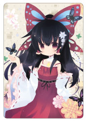 Rule 34 | 1girl, adapted costume, bare shoulders, black hair, bow, bug, butterfly, butterfly hair ornament, butterfly wings, detached sleeves, female focus, flower, hair bow, hair flower, hair ornament, hair ribbon, hair tubes, hakurei reimu, insect, insect wings, japanese clothes, kurata yumi, miko, pink eyes, ribbon, rounded corners, smile, solo, strap slip, touhou, wide sleeves, wings