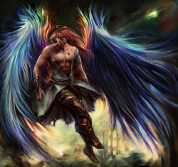Rule 34 | amulet, angel, angel wings, boots, bracer, fantasy, floating, halo, lilaccu, male focus, multicolored wings, muscular, wings