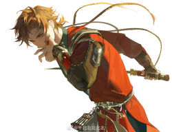 Rule 34 | 1boy, belt, bishounen, blonde hair, blood, blood on face, blood on hands, bracer, chain, chinese commentary, code: kite, commentary request, cowboy shot, earrings, glowing, glowing eye, holding, holding sword, holding weapon, jewelry, long sleeves, looking at viewer, male focus, qian beibeibeibeibei, red skirt, red tunic, short hair, simple background, skirt, solo, stud earrings, sun ce (code: kite), sword, thick eyebrows, watermark, weapon, weapon behind back, weibo logo, weibo watermark, white background, wiping blood