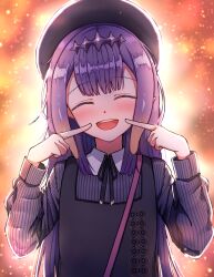 Rule 34 | 1girl, :d, absurdres, apron, beret, blunt bangs, blush, closed eyes, collared shirt, dfd, finger to cheek, flat cap, flat chest, gradient hair, hat, highres, hololive, hololive english, long hair, long sleeves, mole, mole under eye, multicolored hair, ninomae ina&#039;nis, ninomae ina&#039;nis (casual), open mouth, orange background, orange hair, pointy ears, purple hair, shirt, sidelocks, smile, solo, teeth, tentacle hair, tentacles, upper teeth only, very long hair, virtual youtuber