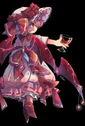 Rule 34 | 1girl, bat wings, black background, blush, closed mouth, cup, dress, drinking glass, fang, frilled dress, frills, full body, grey hair, hat, highres, holding, holding cup, mame komari, red eyes, red footwear, red wings, remilia day, remilia scarlet, shoes, short hair, short sleeves, simple background, smile, solo, touhou, twitter username, white dress, white hat, wine glass, wings
