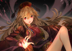 Rule 34 | 1girl, black dress, blonde hair, breasts, commentary request, dress, energy, glowing, glowing hand, gradient background, grey background, hair between eyes, hat, highres, junko (touhou), knee up, large breasts, long hair, long sleeves, looking at viewer, lower teeth only, lying, ooru (t20nozomu), open hand, open mouth, outstretched arm, reclining, red eyes, solo, tabard, teeth, touhou, very long hair