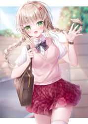 Rule 34 | 1girl, :d, ahoge, black bow, blue sky, blurry, blurry background, blush, bow, braid, breasts, brown hair, collared shirt, commentary request, commission, day, depth of field, dress shirt, floating hair, green eyes, hair ornament, hairclip, hands up, highres, holding strap, kohinata hoshimi, long hair, looking at viewer, low twintails, open mouth, original, pixiv commission, plaid, plaid skirt, pleated skirt, red skirt, school uniform, shirt, short sleeves, sidelocks, skirt, sky, small breasts, smile, solo, sweater vest, thighhighs, twin braids, twintails, very long hair, white shirt, white thighhighs