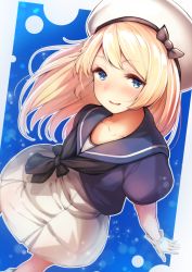 Rule 34 | 1girl, blonde hair, blue background, blue eyes, blue sailor collar, cowboy shot, dress, gloves, hat, highres, jervis (kancolle), kantai collection, long hair, looking at viewer, parted lips, sailor collar, sailor dress, short sleeves, solo, tobi-mura, white dress, white gloves, white hat