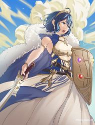 Rule 34 | 1girl, ahoge, alternate costume, blue eyes, blue hair, breasts, detached sleeves, dress, falchion (fire emblem), fire emblem, fire emblem awakening, from below, highres, morgan (female) (fire emblem), morgan (fire emblem), nintendo, open mouth, pomelomelon, see-through, shield, short hair, small breasts, solo, sword, tiara, weapon