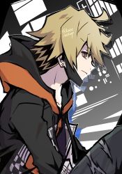 Rule 34 | 1boy, ahoge, black coat, blonde hair, building, city, closed mouth, coat, denim, ear piercing, face mask, from side, highres, hood, hoodie, jeans, kanade rindou, looking at viewer, male focus, mask, mouth mask, orange eyes, orange hoodie, pants, piercing, shin subarashiki kono sekai, sitting, solo, solo focus, spiked hair, subarashiki kono sekai, torn clothes, torn jeans, torn legwear, torn pants