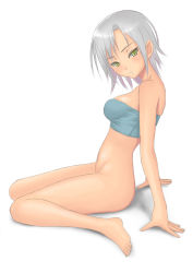 Rule 34 | 1girl, :o, arm support, bare legs, bare shoulders, barefoot, blush, bottomless, feet, full body, looking at viewer, muffin (sirumeria), navel, original, silver hair, simple background, sitting, skindentation, solo, strapless, tube top, wariza, white background, yellow eyes