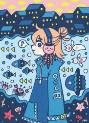 Rule 34 | 1girl, blue eyes, blue jacket, blush, bright pupils, bubble, building, clam, crab, drawstring, earmuffs, eighth note, fish, from side, garouma, heart, highres, jacket, long sleeves, looking at viewer, musical note, original, profile, solo, spoken musical note, starfish, triangle, white pupils