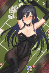 Rule 34 | animal ears, armpits, black bow, black bowtie, black gloves, black hair, black legwear, black leotard, bow, bowtie, breasts, card, cleavage, commentary request, cowboy shot, detached collar, dice, elbow gloves, fake animal ears, gloves, hair between eyes, highres, idolmaster, idolmaster shiny colors, large breasts, leotard, lying, pantyhose, playboy bunny, playing card, poker chip, ponytail, rabbit ears, roulette, roulette table, shirase sakuya, shougun (chuckni1), strapless, strapless leotard, table, thighhighs, yellow eyes