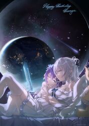 Rule 34 | 2girls, ;), absurdres, bare shoulders, blue eyes, bronya zaychik, caisena, dress, garter straps, grey hair, happy birthday, highres, honkai (series), honkai impact 3rd, knee up, long hair, multiple girls, off-shoulder dress, off shoulder, one eye closed, purple hair, seele vollerei, short dress, smile, thighhighs, white dress, white thighhighs, yuri