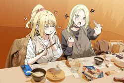 Rule 34 | 2girls, anger vein, angry, bag, black sweater, blonde hair, blush, bowl, breasts, brown vest, cellphone, censored, chewing, chopsticks, closed eyes, earrings, eating, fang, food, hair behind ear, heart, high ponytail, highres, holding, holding chopsticks, jacket, jewelry, joshi kousei rich thots, large breasts, long hair, looking at viewer, middle finger, mosaic censoring, multiple girls, open mouth, original, parted bangs, phone, placemat, plate, purple eyes, red scrunchie, rena (sky-freedom), scrunchie, shopping bag, sidelocks, sitting, skin fang, sky-freedom, sleeves rolled up, smartphone, spoon, sweater, table, vest, white sweater, yui (sky-freedom)