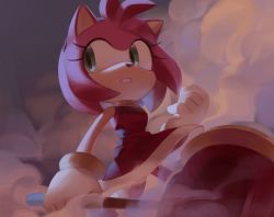 Rule 34 | 1girl, absurdres, amy rose, breasts, dress, furry, furry female, gloves, hammer, highres, holding, holding hammer, toy hammer, qiinamii, red dress, sideways glance, sleeveless, sleeveless dress, smoke, solo, sonic (series), standing, white gloves