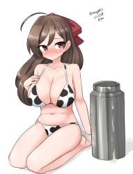 Rule 34 | 1girl, absurdres, ahoge, animal print, bikini, breasts, brown hair, cleavage, cow print, dated, hair ribbon, highres, kantai collection, large breasts, long hair, mamiya (kancolle), maru (marg0613), milk churn, navel, one-hour drawing challenge, red eyes, red ribbon, ribbon, seiza, simple background, sitting, solo, swimsuit, twitter username, white background, white bikini