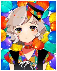 Rule 34 | 1girl, arms at sides, black hat, black shirt, border, candy, candy hat ornament, choker, closed mouth, collared shirt, colorful, food, grey hair, hat, hat ribbon, looking at viewer, machigami yoh, mini hat, multicolored choker, multicolored eyes, multicolored ribbon, multicolored shirt, neck ribbon, original, print ribbon, print shirt, red choker, ribbon, shirt, short hair, short sleeves, solo, straight-on, swept bangs, upper body, white border, white ribbon
