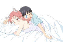 Rule 34 | !?, 2girls, agahari, animal ears, bed, black hair, blush, breasts, brown hair, eyepatch, large breasts, long hair, lying, minna-dietlinde wilcke, multiple girls, on stomach, open mouth, pillow, red eyes, sakamoto mio, bed sheet, sideboob, sleeping, strike witches, surprised, sweatdrop, teeth, upper teeth only, world witches series, yuri