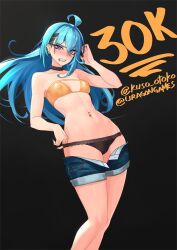 Rule 34 | 1girl, ahoge, black background, blue eyes, blue hair, blush, breasts, choker, collarbone, commentary, copyright request, covered erect nipples, denim, denim shorts, english commentary, feet out of frame, hair between eyes, highres, kuso otoko, long hair, looking at viewer, milestone celebration, navel, navel piercing, panties, piercing, shorts, simple background, small breasts, solo, teeth, twitter username, underwear