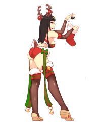 Rule 34 | 1girl, alternate costume, antlers, ass, bare shoulders, black hair, black thighhighs, blunt bangs, breasts, christmas ornaments, christmas stocking, coal, commentary, deer tail, detached sleeves, english commentary, fire emblem, from side, full body, fur-trimmed legwear, fur trim, horns, long hair, looking at viewer, medium breasts, nintendo, rtil, simple background, smile, solo, tail, tharja (fire emblem), tharja (winter) (fire emblem), thighhighs, tiptoes, white background