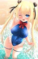 Rule 34 | 1girl, ;d, absurdres, alternate breast size, azur lane, balut (7676i), bare shoulders, beach, black ribbon, blonde hair, blue eyes, blue one-piece swimsuit, blush, bottle, bottle to cheek, bow, breasts, commentary, covered navel, cowboy shot, dead or alive, dead or alive xtreme, frilled swimsuit, frills, from above, hair between eyes, hair ornament, hair ribbon, highres, holding, holding bottle, long hair, looking at viewer, marie rose, marie rose (devilish servant against the splashing waves), medium breasts, ocean, one-piece swimsuit, one eye closed, open mouth, red bow, ribbon, shiny clothes, sideboob, smile, solo, standing, swimsuit, teeth, thigh strap, twintails, upper teeth only, very long hair, wading, wet, wet clothes, wet swimsuit, x hair ornament