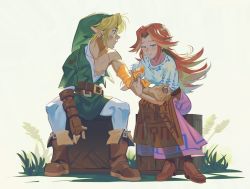 Rule 34 | 1boy, 1girl, applying bandages, bandaged arm, bandages, blonde hair, blue eyes, boots, box, brown footwear, brown hair, dirty, dirty clothes, earrings, fingerless gloves, gloves, grass, green headwear, green tunic, injury, jewelry, link, looking at another, malon, nintendo, pointy ears, sitting, the legend of zelda, the legend of zelda: ocarina of time, uzucake