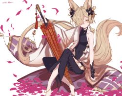 Rule 34 | 1boy, animal ears, backless outfit, barefoot, brown eyes, elbow gloves, erune, fox ears, fox tail, gloves, granblue fantasy, hair ornament, hair over one eye, highres, kou (granblue fantasy), long hair, macchoko, male focus, off shoulder, petals, tail, umbrella