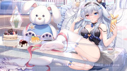Rule 34 | 1girl, blue eyes, breasts, cake, cameltoe, cellphone, commentary request, cup, feet, food, frilled hairband, frills, full body, garter straps, hair between eyes, hair ornament, hairband, heterochromia, highres, holding, holding food, holding phone, long hair, medium breasts, no shoes, panties, phone, pink ribbon, plate, popsicle, red eyes, ribbon, sannio, smartphone, snowflake hair ornament, soles, solo, teacup, thighhighs, underwear, very long hair, virtual youtuber, white panties, white thighhighs, x hair ornament