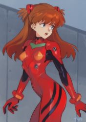 Rule 34 | 1990s (style), 1girl, bad id, bad twitter id, blue eyes, bodysuit, breasts, brown hair, commentary, english commentary, interface headset, long hair, looking back, neon genesis evangelion, open mouth, optionaltypo, pilot suit, plugsuit, red bodysuit, retro artstyle, skin tight, small breasts, solo, souryuu asuka langley