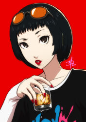 Rule 34 | 1girl, alcohol, black eyes, black hair, black shirt, bob cut, cup, drink, drinking glass, eyewear on head, fingernails, glass, highres, holding, holding cup, layered sleeves, long sleeves, looking at viewer, ohya ichiko, persona, persona 5, polarityplus, portrait, print shirt, red background, red lips, red nails, shirt, short hair, simple background, solo, white sleeves