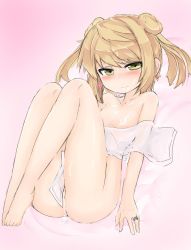 Rule 34 | 10s, 1girl, bare legs, bare shoulders, barefoot, blonde hair, blush, cum, cum on body, earrings, facial, female focus, flat chest, green eyes, heart, heart earrings, highres, jewelry, kantai collection, looking at viewer, michishio (kancolle), nipples, okiraku nikku, ring, see-through, solo