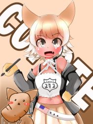 Rule 34 | animal ears, black jacket, blonde hair, coyopotato, coyote, coyote (kemono friends), wolf ears, wolf tail, gloves, highres, jacket, kemono friends, kemono friends v project, necktie, shirt, shoes, short hair, skirt, smile, tail, virtual youtuber, white shirt, yellow eyes, yellow gloves