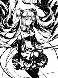 Rule 34 | 1girl, detached sleeves, elbow gloves, expressionless, floating hair, gloves, greyscale, hatsune miku, high contrast, long hair, looking at viewer, monochrome, pantyhose, rella, skirt, solo, twintails, very long hair, vocaloid