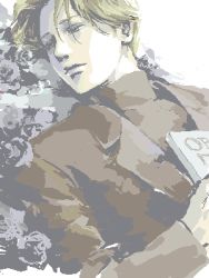 Rule 34 | 1boy, as (ashes), bishounen, blonde hair, book, closed mouth, flower, half-closed eyes, jacket, johan liebert, long sleeves, lowres, lying, male focus, monster (manga), on back, sketch, solo, turtleneck, upper body