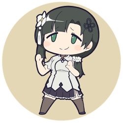 Rule 34 | 1girl, artist name, assault lily, black footwear, black hair, black skirt, blunt bangs, blush, brown background, brown thighhighs, chibi, circle, closed mouth, commentary request, flower, flower knot, full body, green eyes, hair flower, hair ornament, hair scrunchie, hands up, long hair, looking at viewer, low ponytail, lowres, masaki itsuki, miniskirt, no pupils, open hands, raised eyebrows, round image, scrunchie, shirt, shoes, short sleeves, side ponytail, side slit, simple background, skirt, smile, solo, standing, tassel, tassel hair ornament, thighhighs, transparent background, wang yujia, white flower, white scrunchie, white shirt, zettai ryouiki