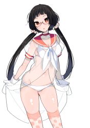 Rule 34 | 1girl, bad id, bad pixiv id, bikini, bikini under clothes, black hair, breasts, choker, cleavage, contrapposto, glasses, gloves, long hair, low twintails, navel, original, polka dot, polka dot legwear, red-framed eyewear, red eyes, sailor collar, scrunchie, see-through, semi-rimless eyewear, small breasts, solo, standing, swimsuit, swimsuit under clothes, thighhighs, translucent, twintails, under-rim eyewear, very long hair, white background, white bikini, white gloves, yoko (yuuhi homare), yuuhi homare