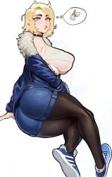 Rule 34 | 1girl, absurdres, black choker, black pantyhose, blonde hair, blue eyes, blue footwear, blue jacket, breasts, choker, cigarette, commentary, crop top, denim, denim shorts, ear piercing, earrings, english commentary, from side, fur trim, highres, jacket, jewelry, large breasts, lighter, lips, long sleeves, looking at viewer, medium hair, nero (neroartbox), original, pantyhose, pantyhose under shorts, piercing, shoes, short shorts, shorts, simple background, sneakers, solo, underboob, white background