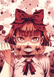 Rule 34 | 1girl, artist request, blood, blood splatter, bow, bowtie, brown hair, character request, commentary request, copyright request, dagger, highres, holding, holding dagger, holding knife, holding weapon, knife, looking at viewer, non-web source, orange eyes, red bow, red bowtie, shirt, short hair, short sleeves, solo, source request, teeth, weapon