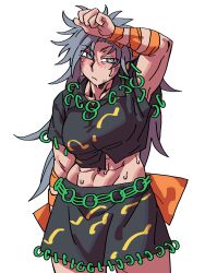 Rule 34 | 1girl, abs, absurdres, arm up, black shirt, black skirt, blush, breasts, closed mouth, commentary, eddybird55555, grey eyes, grey hair, highres, himemushi momoyo, long hair, looking at viewer, medium breasts, messy hair, muscular, muscular female, shirt, short sleeves, simple background, skirt, solo, sweat, touhou, white background