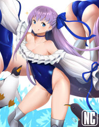 Rule 34 | 1girl, ass, bird, blue choker, blue eyes, blue one-piece swimsuit, blue ribbon, breasts, cameltoe, choker, covered navel, fate/grand order, fate (series), hair ribbon, highleg, highleg swimsuit, highres, licking lips, long hair, meltryllis, meltryllis (fate), meltryllis (swimsuit lancer) (fate), meltryllis (swimsuit lancer) (second ascension) (fate), multiple views, naobhal, one-piece swimsuit, penguin, purple hair, ribbon, sleeves past fingers, sleeves past wrists, small breasts, strapless, strapless one-piece swimsuit, swimsuit, tongue, tongue out, very long hair