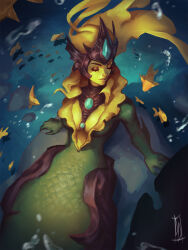 Rule 34 | 1girl, animal, artist name, blonde hair, breasts, closed eyes, closed mouth, colored skin, ditahsdoh, facing to the side, fish, from above, gem, green skin, helmet, highres, large breasts, league of legends, mermaid, monster girl, nami (league of legends), shiny skin, sitting, solo, underwater, water, yellow skin