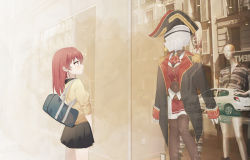 Rule 34 | 1girl, absurdres, ascot, bag, black jacket, black skirt, blush, breasts, brooch, commentary request, display case, eyepatch, from side, hair down, hat, highres, hololive, houshou marine, jacket, jewelry, looking to the side, mannequin, medium hair, pirate hat, red ascot, red eyes, red hair, shirt, skirt, solo, standing, syhan, virtual youtuber, yellow shirt