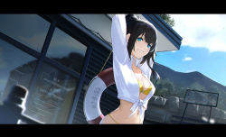 Rule 34 | 1girl, arms up, bikini, black hair, blue eyes, blue sky, blurry, blurry foreground, breasts, cleavage, commentary request, crop top, day, depth of field, hair bun, highres, letterboxed, lifebuoy, looking at viewer, medium breasts, narcolepsy-1900, navel, o-ring, o-ring bikini, o-ring top, original, outdoors, parted lips, shirt, sidelocks, single hair bun, sky, smile, solo, swim ring, swimsuit, tied shirt, yellow bikini