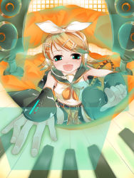 Rule 34 | blonde hair, blue eyes, bow, detached sleeves, instrument, kagamine rin, morihama karute, piano, short hair, solo, speaker, vocaloid
