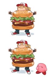 Rule 34 | 0 0, 1boy, 2koma, :3, = =, baseball cap, black gloves, blonde hair, blue pants, blush stickers, burger, burger costume, comic, constricted pupils, denim, fingerless gloves, food, gloves, hair between eyes, hat, jeans, kirby, kirby (series), looking at another, maddestmao, nintendo, outstretched arms, pants, ponytail, pun, red footwear, red headwear, shoes, sneakers, super smash bros., sweatdrop, terry bogard, the king of fighters