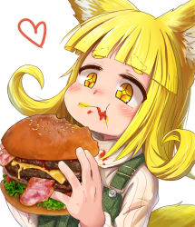 Rule 34 | + +, 1girl, :t, animal ear fluff, animal ears, bacon, blonde hair, blunt bangs, blush, burger, curly hair, doitsuken, dress, fingernails, food, food on face, fox child (doitsuken), fox ears, fox tail, green dress, grey sweater, heart, holding, lettuce, original, pinafore dress, short eyebrows, short hair, simple background, sleeveless dress, solo, sweater, tail, thick eyebrows, white background, yellow eyes