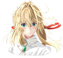 Rule 34 | 1girl, amu (amu loud7777), blonde hair, blue eyes, blush, brooch, closed mouth, collared shirt, cropped torso, hair ribbon, highres, jewelry, red ribbon, ribbon, shirt, short hair, short hair with long locks, signature, simple background, solo, violet evergarden, violet evergarden (series), white background, white shirt