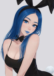 Rule 34 | 1girl, animal ears, black camisole, blue eyes, blue hair, blue lips, bow, bowtie, breasts, camisole, cleavage, grey background, highres, lips, long hair, looking at viewer, medium breasts, original, rabbit ears, rabbit tail, shelly(umigraphics), tail, umigraphics
